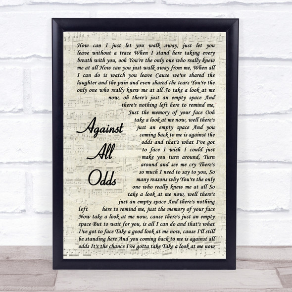 Phil Collins Against All Odds Vintage Script Song Lyric Quote Print