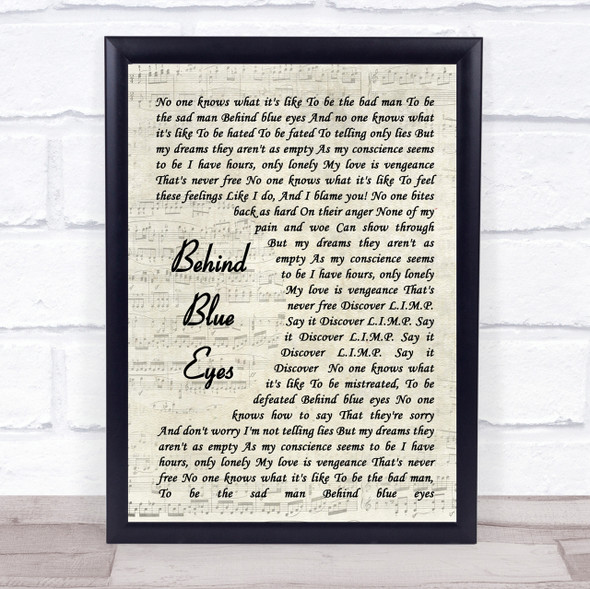 Limp Bizkit Behind Blue Eyes Vintage Script Song Lyric Quote Print