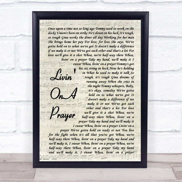Bon Jovi Livin' On A Prayer Vintage Script Song Lyric Quote Print