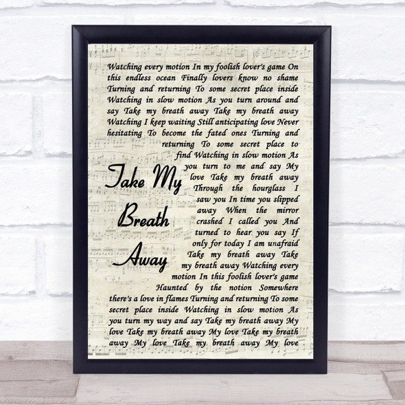 Berlin Take My Breath Away Vintage Script Song Lyric Quote Print