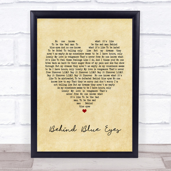 Limp Bizkit Behind Blue Eyes Vintage Heart Song Lyric Quote Print