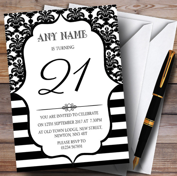 Vintage Damask Black & White 21st Customised Birthday Party Invitations