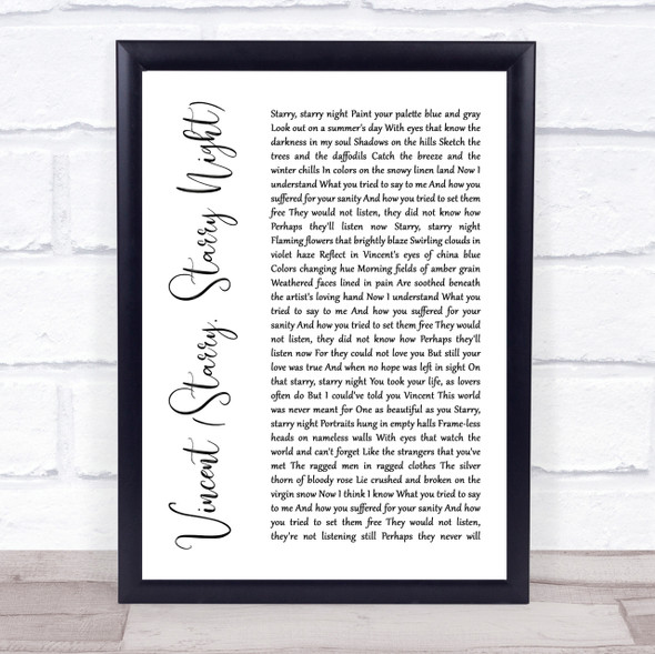 Don McLean Vincent (Starry, Starry Night) White Script Song Lyric Quote Print