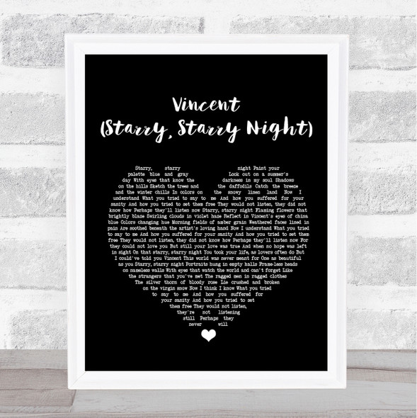 Don McLean Vincent (Starry, Starry Night) Black Heart Song Lyric Quote Print