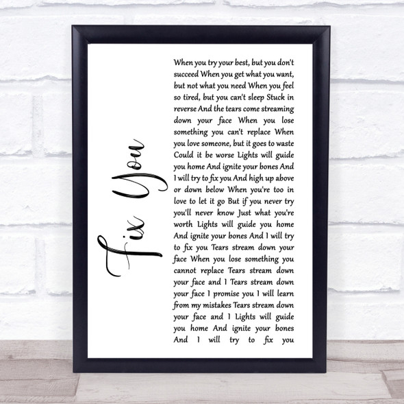 Coldplay Fix You White Script Song Lyric Quote Print