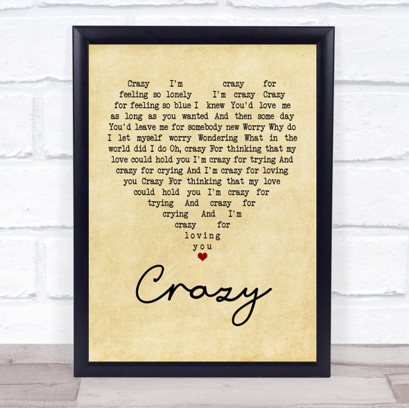 Patsy Cline Crazy Vintage Heart Song Lyric Quote Print