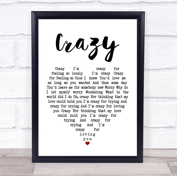 Patsy Cline Crazy White Heart Song Lyric Quote Print