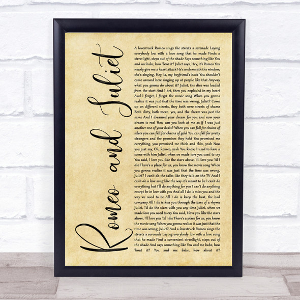 Dire Straits Romeo And Juliet Rustic Script Song Lyric Quote Print