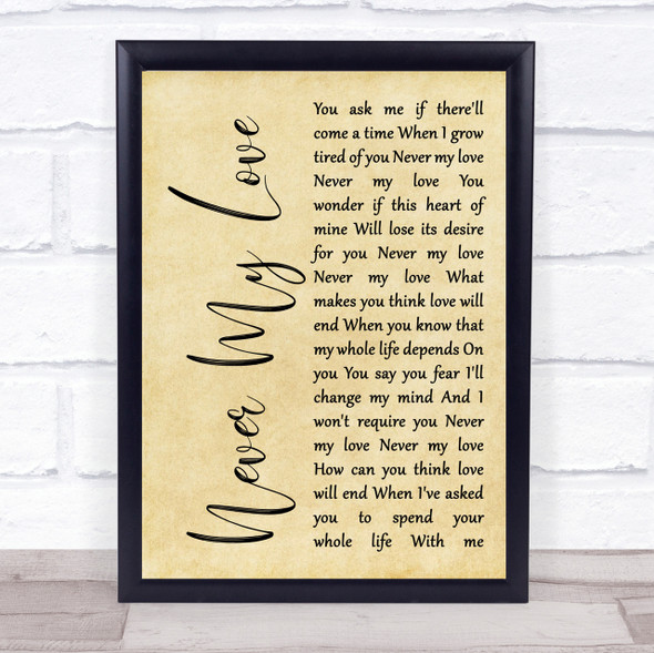 The Association Never My Love Rustic Script Song Lyric Quote Print