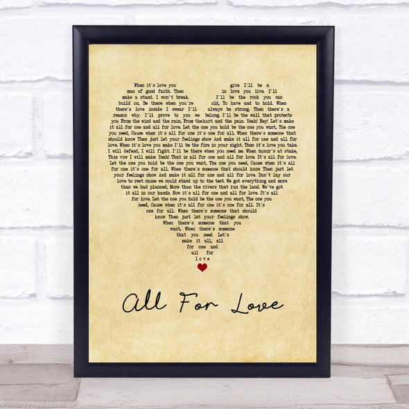 Bryan Adams All For Love Vintage Heart Quote Song Lyric Print