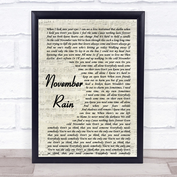 Guns N' Roses November Rain Song Lyric Vintage Script Quote Print