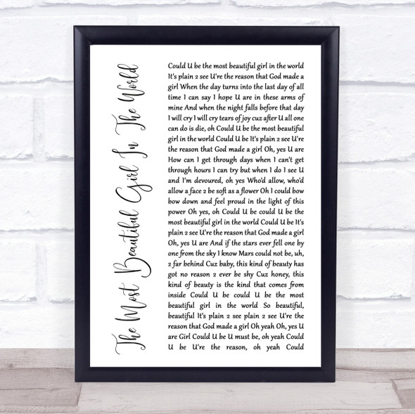 Prince The Most Beautiful Girl In The World White Script Song Lyric Quote Print
