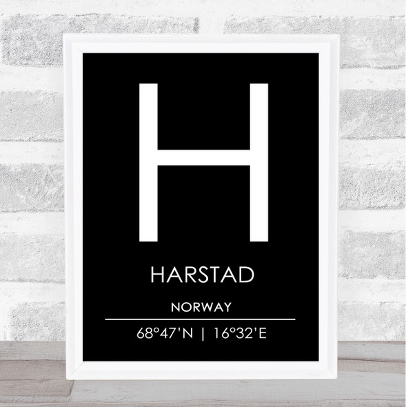 Harstad Norway Coordinates Black & White World City Travel Print