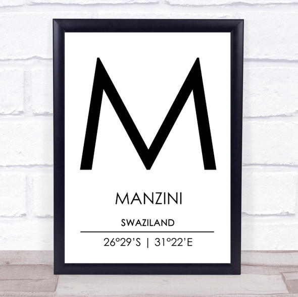 Manzini Swaziland Coordinates World City Travel Print