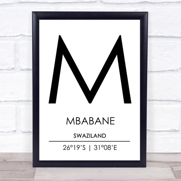 Mbabane Swaziland Coordinates World City Travel Print