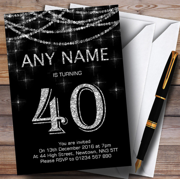 Black & Silver Sparkly Garland 40th Customised Birthday Party Invitations