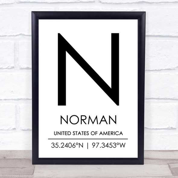Norman United States Of America Coordinates World City Quote Print