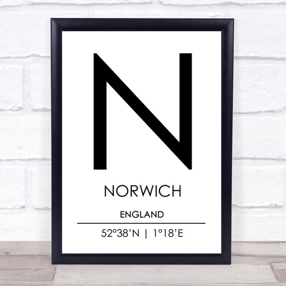 Norwich England Coordinates World City Travel Print