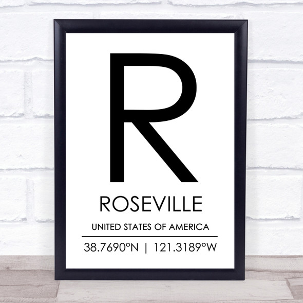 Roseville United States Of America Coordinates Travel Quote Print