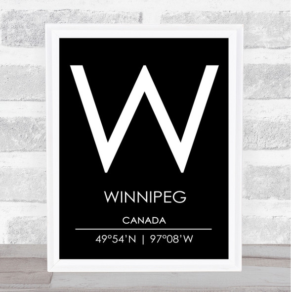 Winnipeg Canada Coordinates Black & White World City Travel Print
