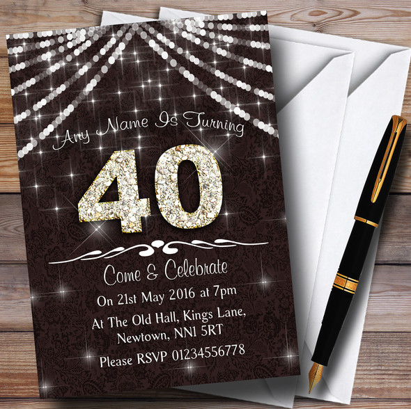 40Th Brown & White Bling Sparkle Birthday Party Customised Invitations