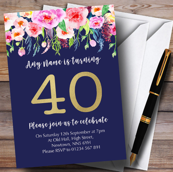 Blue & Pink Watercolour Flowers 40th Customised Birthday Party Invitations