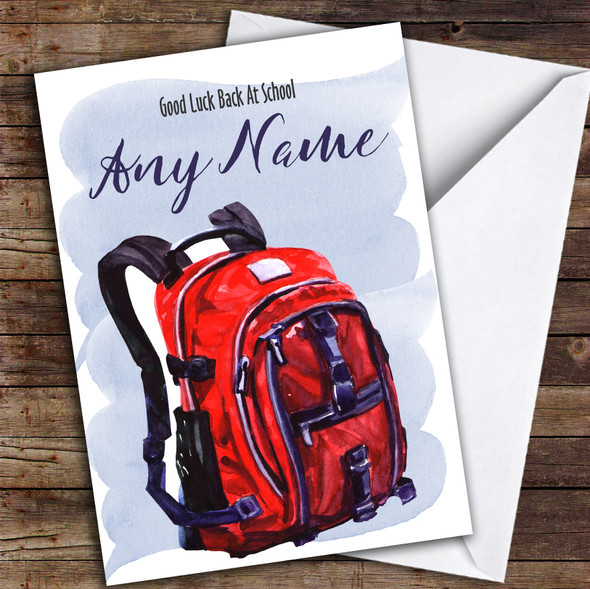 Watercolour Red Backpack Back To School Customised Good Luck Card