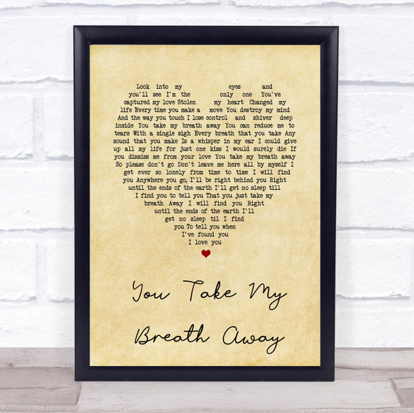 Queen You Take My Breath Away Vintage Heart Song Lyric Music Gift Poster Print