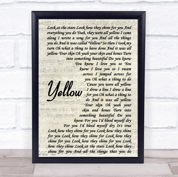 Coldplay Yellow Vintage Script Song Lyric Music Gift Poster Print