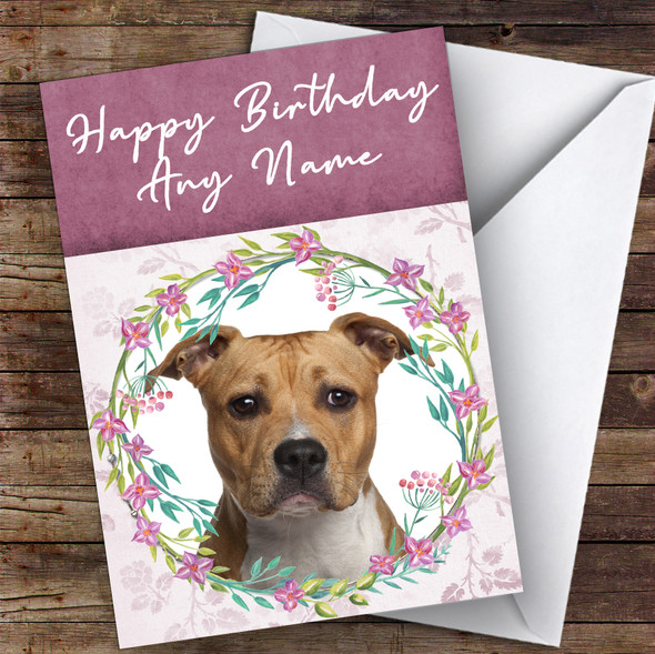 American Staffordshire Terrier Dog Pink Floral Animal Customised Birthday Card