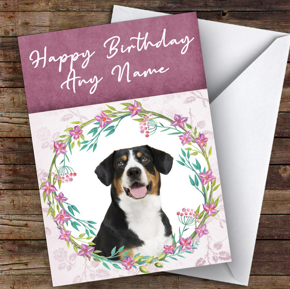 Entlebucher Mountain Dog Pink Floral Animal Customised Birthday Card
