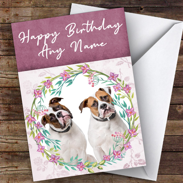 American Bulldog Dog Pink Floral Animal Customised Birthday Card