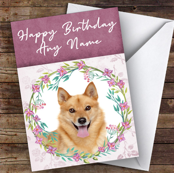 Finnish Spitz Dog Pink Floral Animal Customised Birthday Card