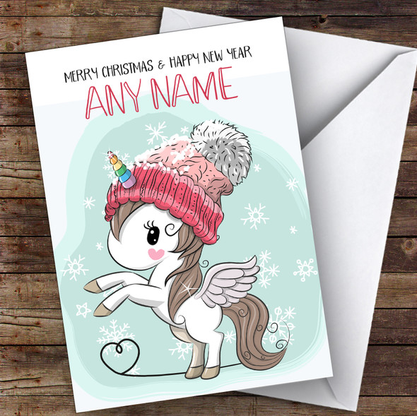 Sweet Unicorn In Winter Hat Children's Customised Christmas Card