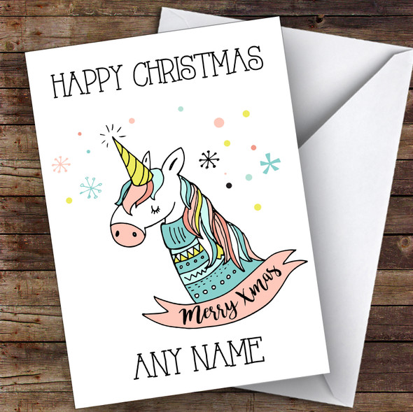 Unicorn In Scarf Children's Customised Christmas Card