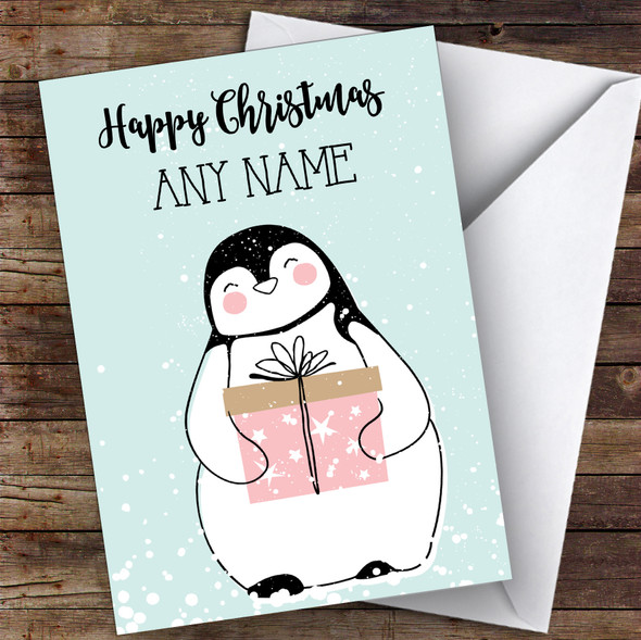 Doodle Penguin In Snow Cute Customised Christmas Card