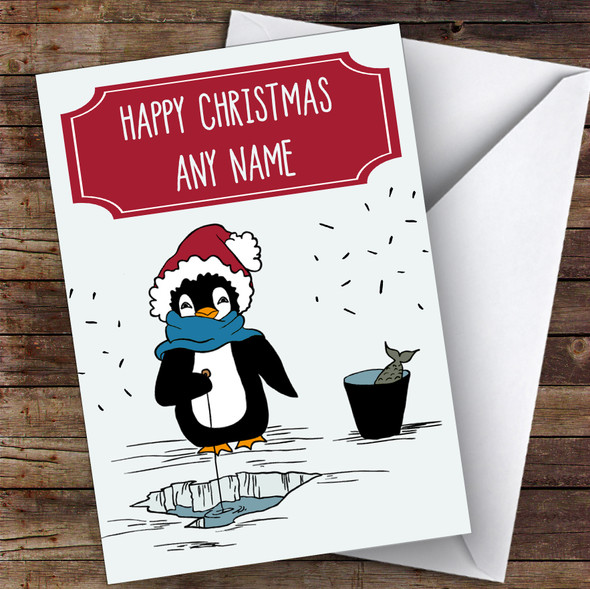 Penguin Fishing In Ice Cute Customised Christmas Card