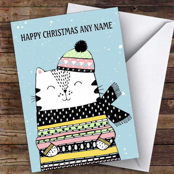 Cute Doodle Cat In Scarf Modern Customised Christmas Card