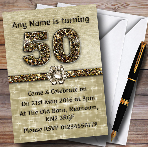 Titanium Gold Sparkly 50Th Customised Birthday Party Invitations