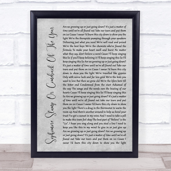 Fall Out Boy Sophomore Slump Or Comeback Of The Year Grey Rustic Script Song Lyric Quote Music Framed Print