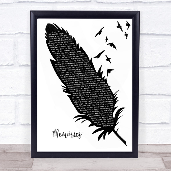 Maroon 5 Memories Black & White Feather & Birds Song Lyric Quote Music Framed Print