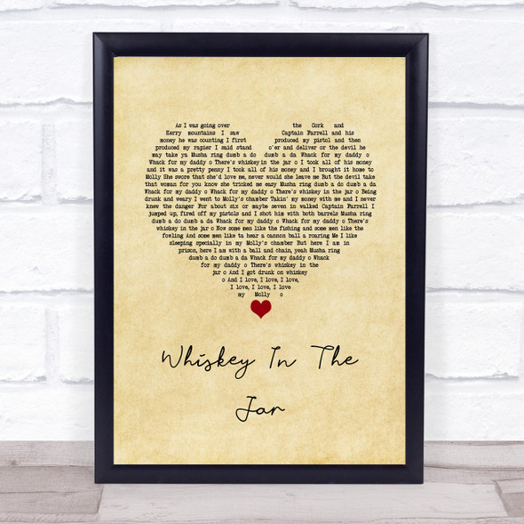 Thin Lizzy Whiskey in the jar 1973 Vintage Heart Song Lyric Quote Music Framed Print