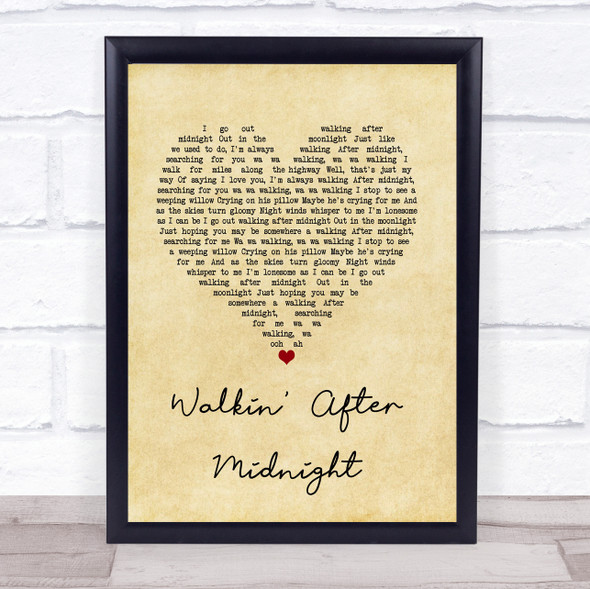 Patsy Cline Walkin' After Midnight Vintage Heart Song Lyric Quote Music Framed Print