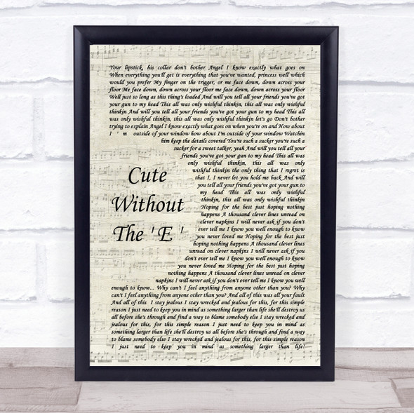 Taking Back Sunday Cute Without The 'E' Vintage Script Song Lyric Quote Music Framed Print