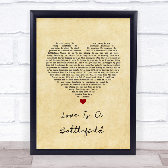 Pat Benatar Love Is A Battlefield Vintage Heart Song Lyric Quote Music Framed Print