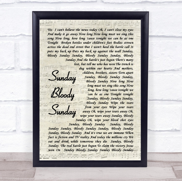 U2 Sunday Bloody Sunday Vintage Script Song Lyric Quote Music Framed Print