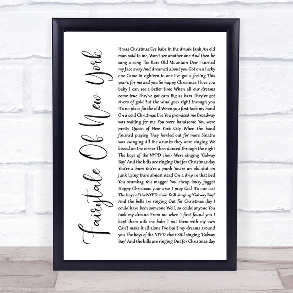 The Pogues Fairytale Of New York White Script Song Lyric Quote Music Framed Print