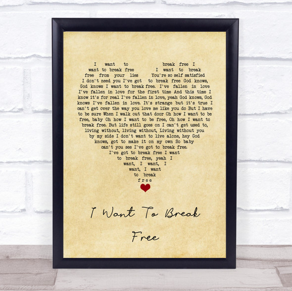 Queen I Want To Break Free Vintage Heart Song Lyric Quote Music Framed Print