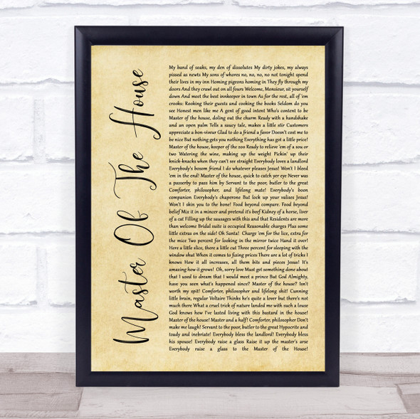 Les Miserables Cast Master Of The House Rustic Script Song Lyric Quote Music Framed Print