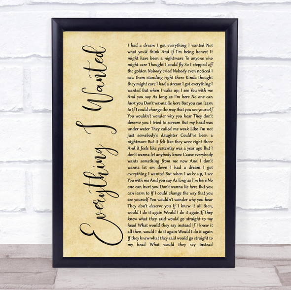 Billie Eilish Everything I Wanted Rustic Script Song Lyric Quote Music Framed Print